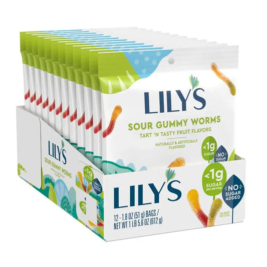 LILY'S No Sugar Added Sour Gummy Worms Candy Bags, 1.8 oz, 12 Ct
