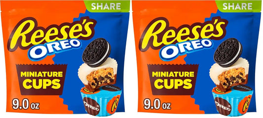 REESE'S OREO Milk Chocolate & White Creme Cups Filled With Peanut Butter & OREO Cookies Pieces Miniatures Stand Up Bag, 9 oz (Pack of 2)