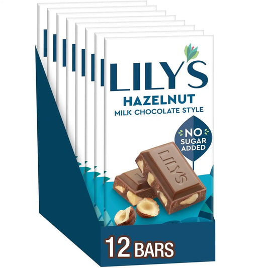 LILY'S Hazelnut Milk Chocolate Style No Sugar Added, Sweets Bars, 2.8 oz (12 Count)