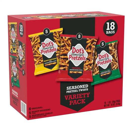 Dot's Pretzels Twists, 3-Flavor Snacks Variety Pack, 18 count
