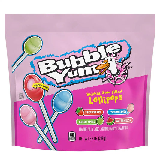 BUBBLE YUM Assorted Flavored Bubble Gum Filled Lollipops, Candy Bag, 8.8 oz (Pack of 2)
