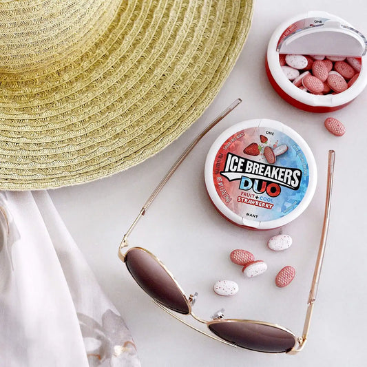 ICE BREAKERS Duo Fruit Plus Cool Strawberry Sugar Free Breath Mints Tins (8 Count) and ICE BREAKERS Sours Assorted Fruit Flavored Sugar Free Mints Tins (8 Count)