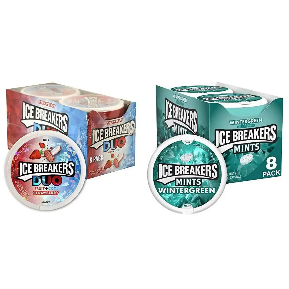ICE BREAKERS Duo Fruit Plus Cool Strawberry Sugar Free Breath Mints Tins (8 Count) and ICE BREAKERS Wintergreen Sugar Free Breath Mints Tins (8 Count)