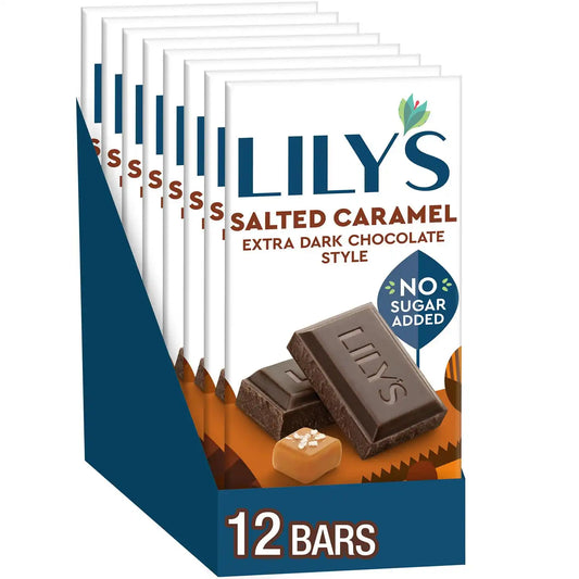 LILY'S Salted Caramel Extra Dark Chocolate Style No Sugar Added, Sweets Bars, 2.8 oz (12 Count)