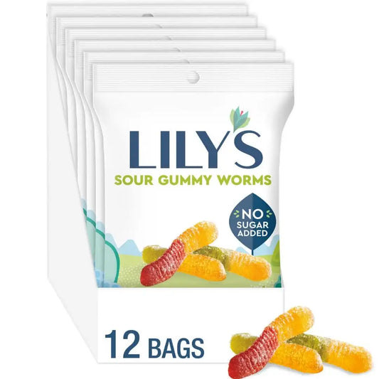 LILY'S No Sugar Added Sour Gummy Worms Candy Bags, 1.8 oz, 12 Ct