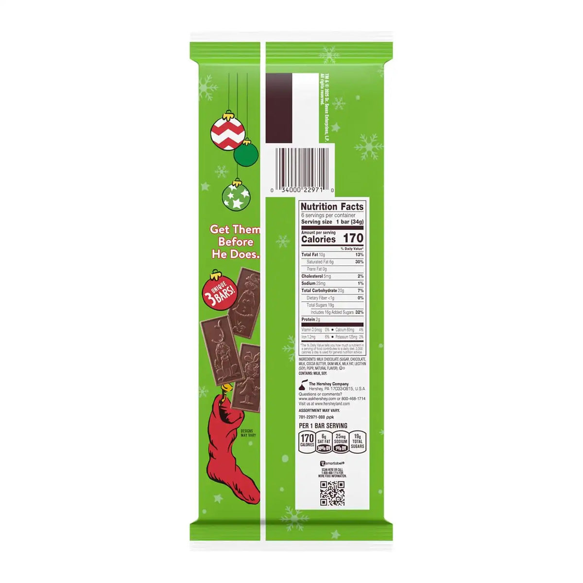 HERSHEY'S Grinch Milk Chocolate Bars, Christmas Candy, 1.2 oz 6 Count