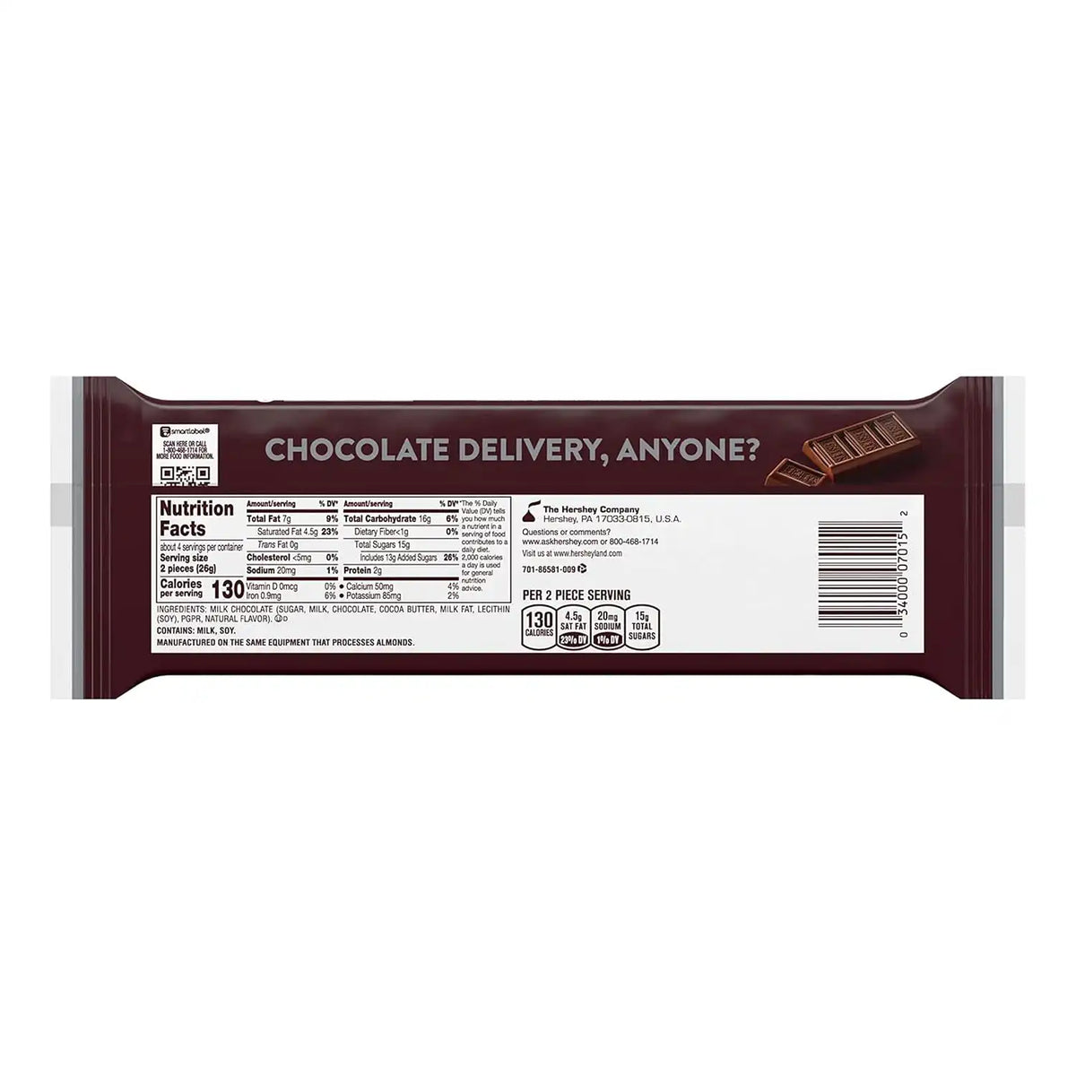 HERSHEY'S Chocolate Candy Bar, Snack Size, 0.45 Ounce, 8 Count