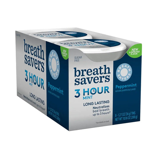 BREATH SAVERS 3-Hour Peppermint Mints Tins, 1.27 oz, 8 Ct