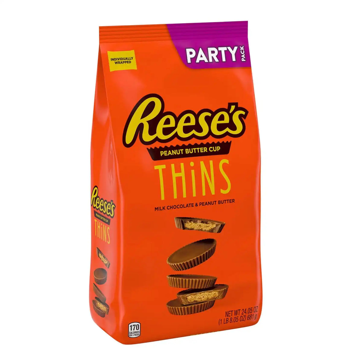 REESE'S THiNS Milk Chocolate Peanut Butter Cups, Candy Party Pack, 24.05 oz