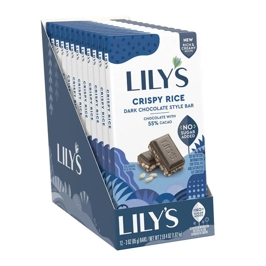 LILY'S Crispy Rice Dark Chocolate Style No Sugar Added Bars, 3 oz, 12 Ct