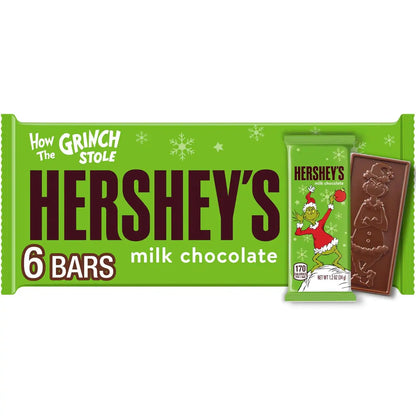 HERSHEY'S Grinch Milk Chocolate Bars, Christmas Candy, 1.2 oz 6 Count