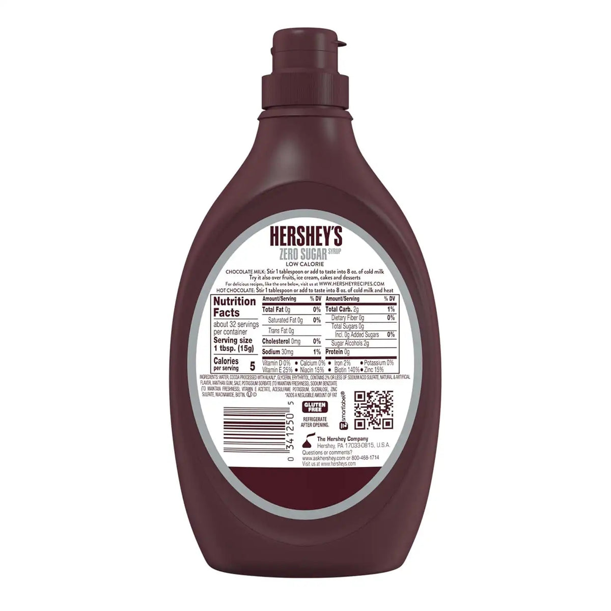 HERSHEY'S Zero Sugar Genuine Chocolate Flavored Syrup Bottle, 17.5 oz