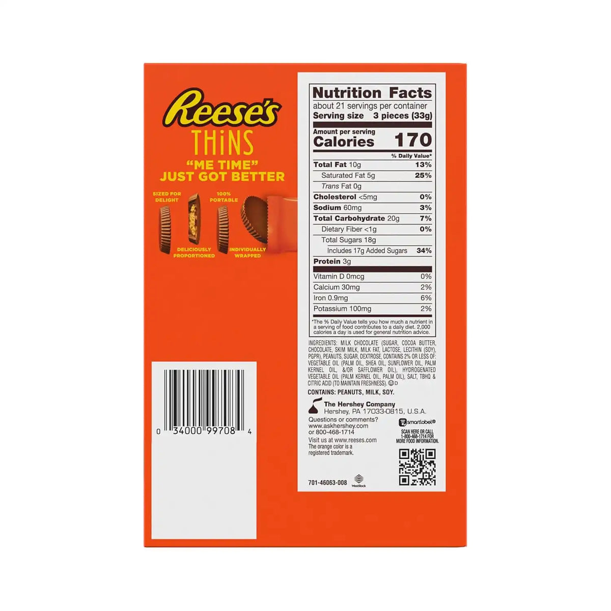 REESE'S THiNS Milk Chocolate Peanut Butter Cups, Candy Bags, 3.1 oz (8 Count)