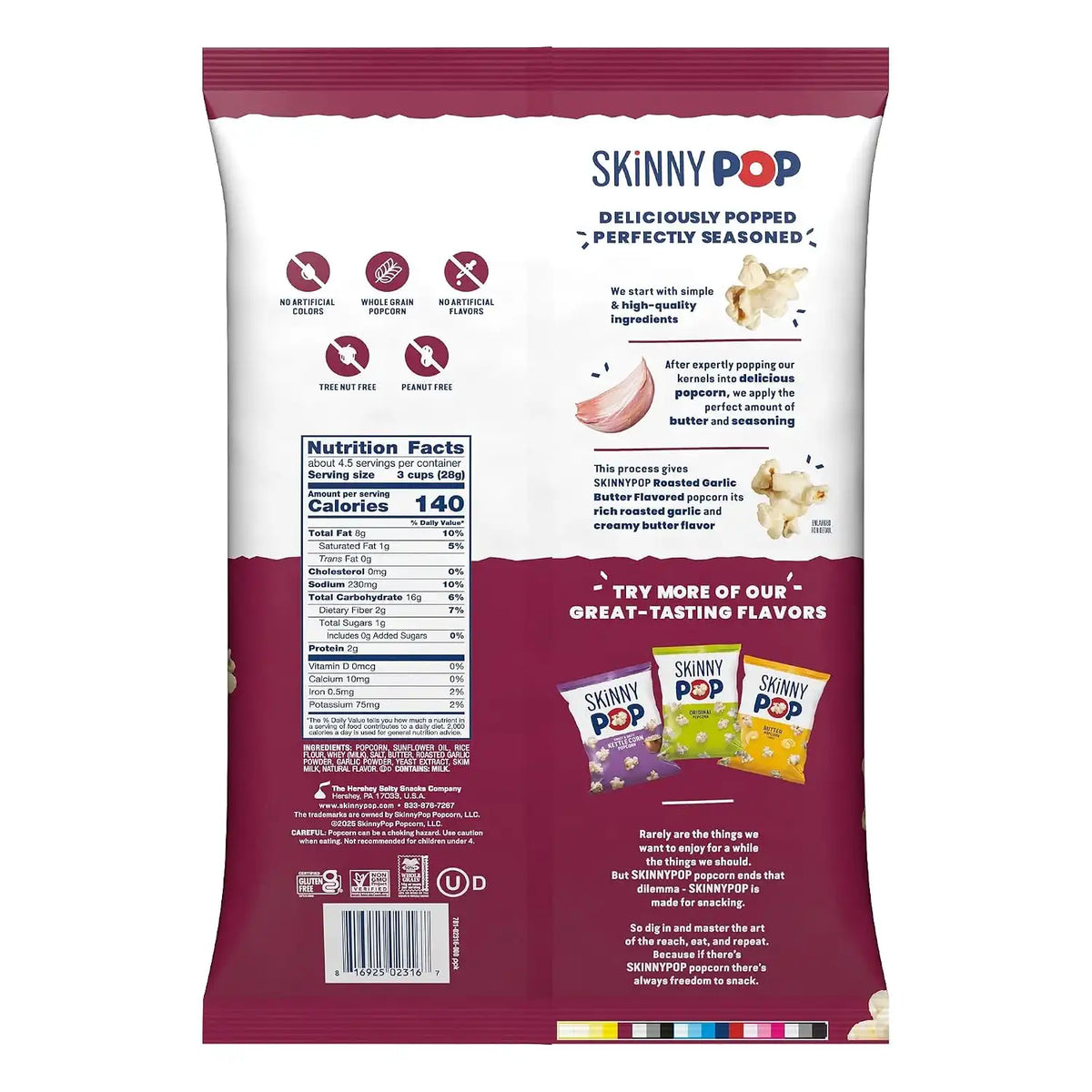 SkinnyPop Roasted Garlic Butter Popcorn, Whole Grain Gluten-Free Snack, 4.4 oz Bag