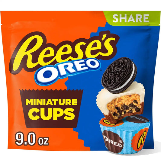 REESE'S OREO Milk Chocolate & White Creme Cups Filled With Peanut Butter & OREO Cookies Pieces Miniatures Stand Up Bag, 9 oz (Pack of 2)