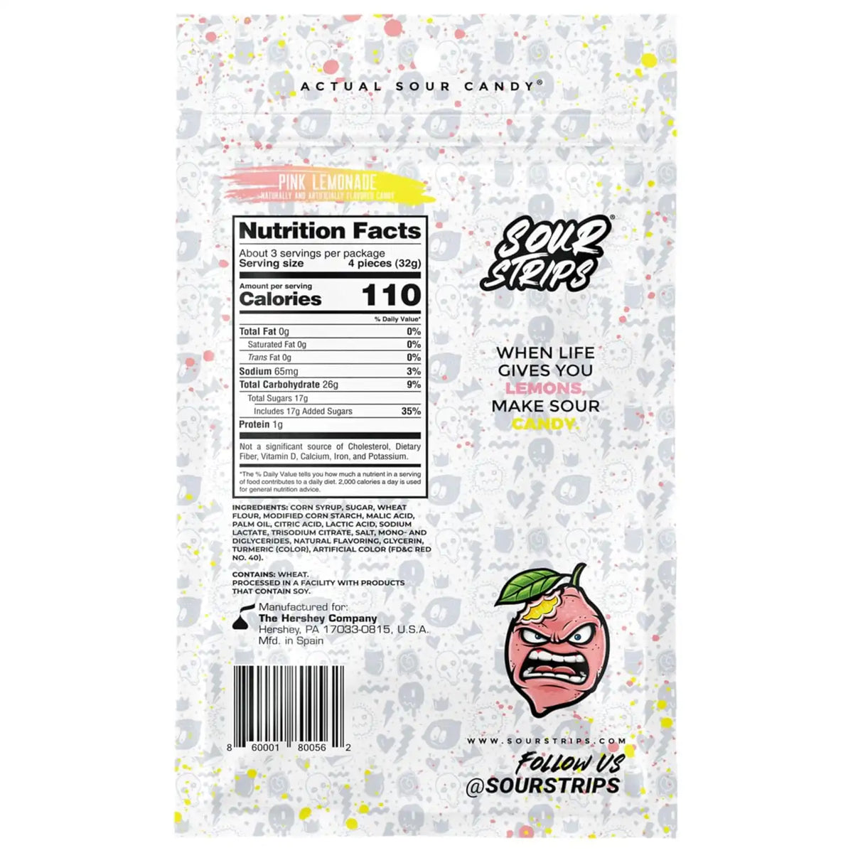 SOUR STRIPS Pink Lemonade Flavored Peg Bag, 3.4 oz.