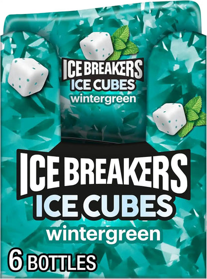 ICE BREAKERS Ice Cubes Wintergreen Flavored Sugar Free Chewing Gum Bottles, 3.24 oz (6 Count, 40 Pieces) (Pack of 12)