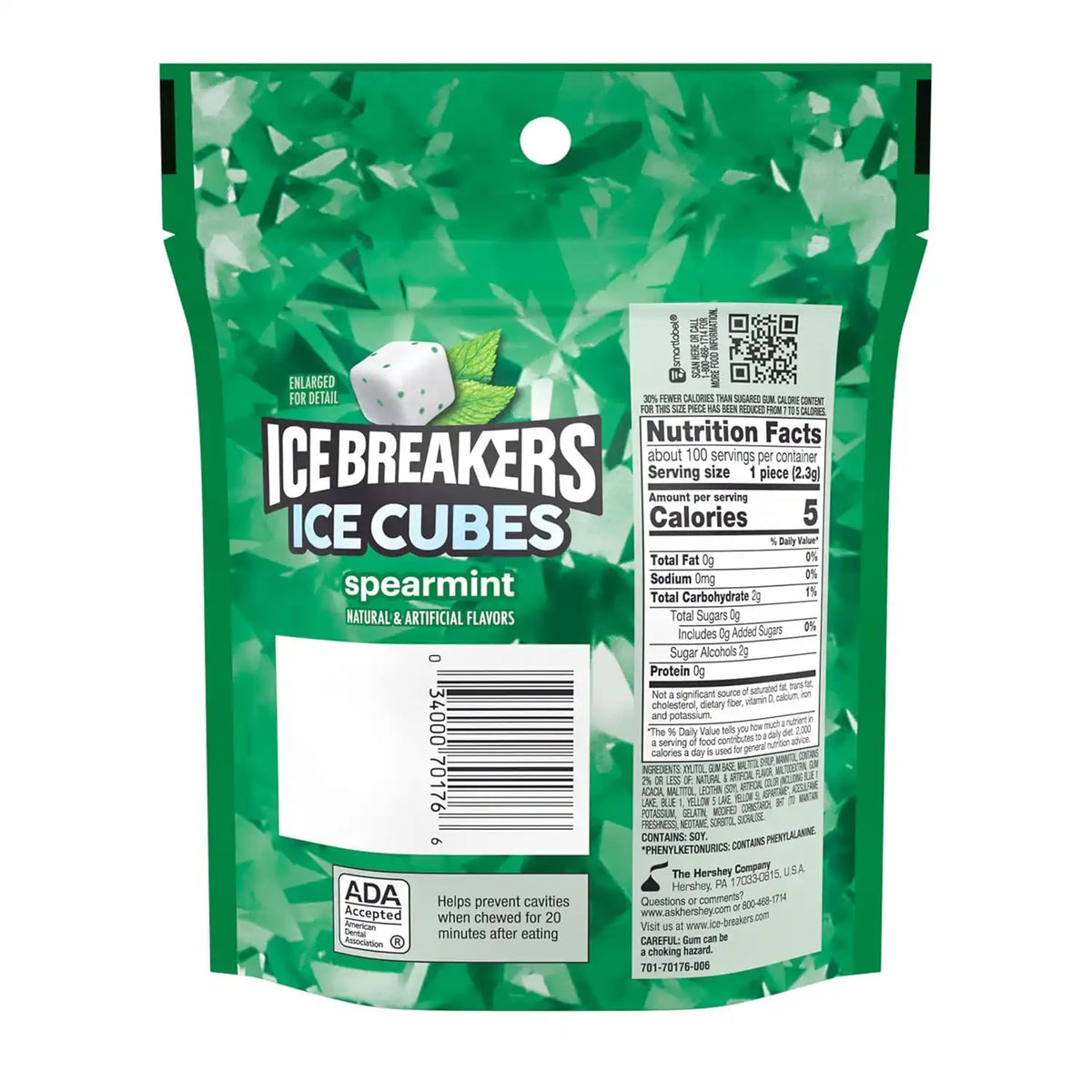 ICE BREAKERS Spearmint Sugar-Free Gum Pouch, 8.11 oz, 100 Count (Pack of 8)
