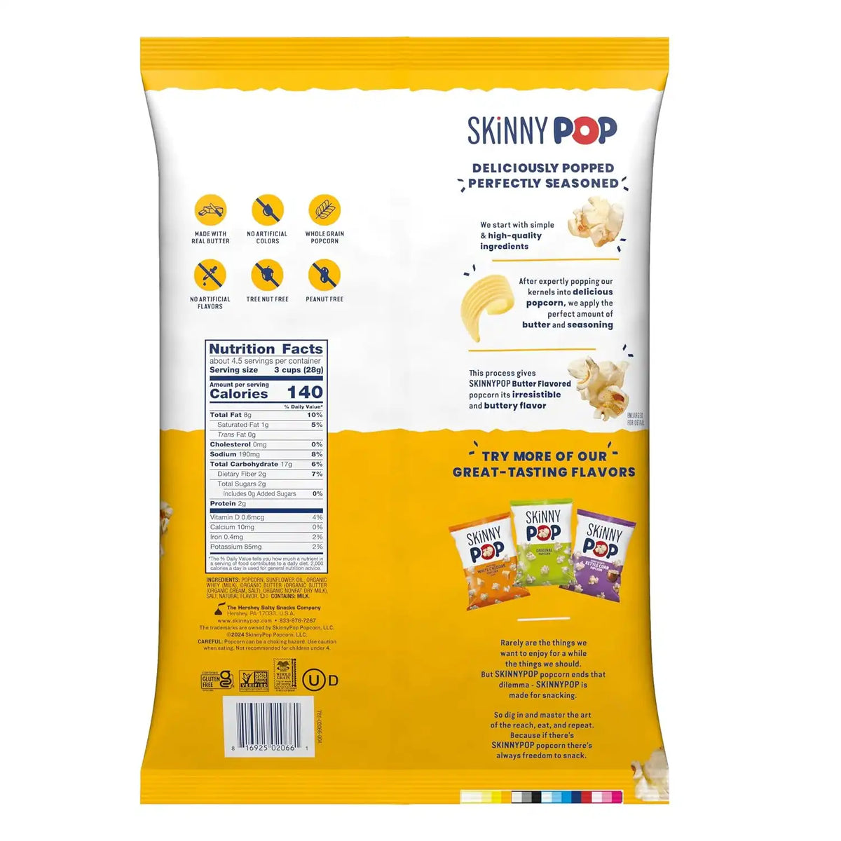 SkinnyPop Popcorn, Butter, Made with Real Butter, Whole Grain Snack, 4.4oz Bags (12ct)
