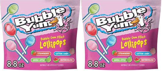 BUBBLE YUM Assorted Flavored Bubble Gum Filled Lollipops, Candy Bag, 8.8 oz (Pack of 2)