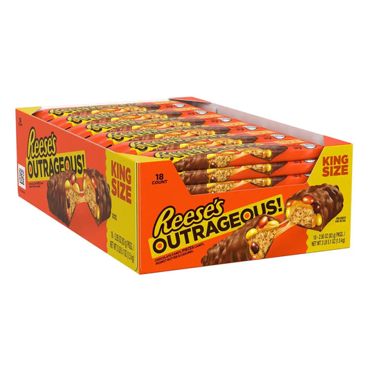 REESE'S OUTRAGEOUS! Peanut Butter, Caramel and PIECES King Size, Candy Bars, 2.95 oz (18 Count)