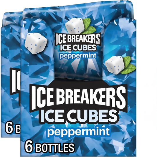 ICE BREAKERS Ice Cubes Peppermint Sugar Free Chewing Gum Bottles, 3.24 oz (6 Count, 40 Pieces) (Pack of 12)