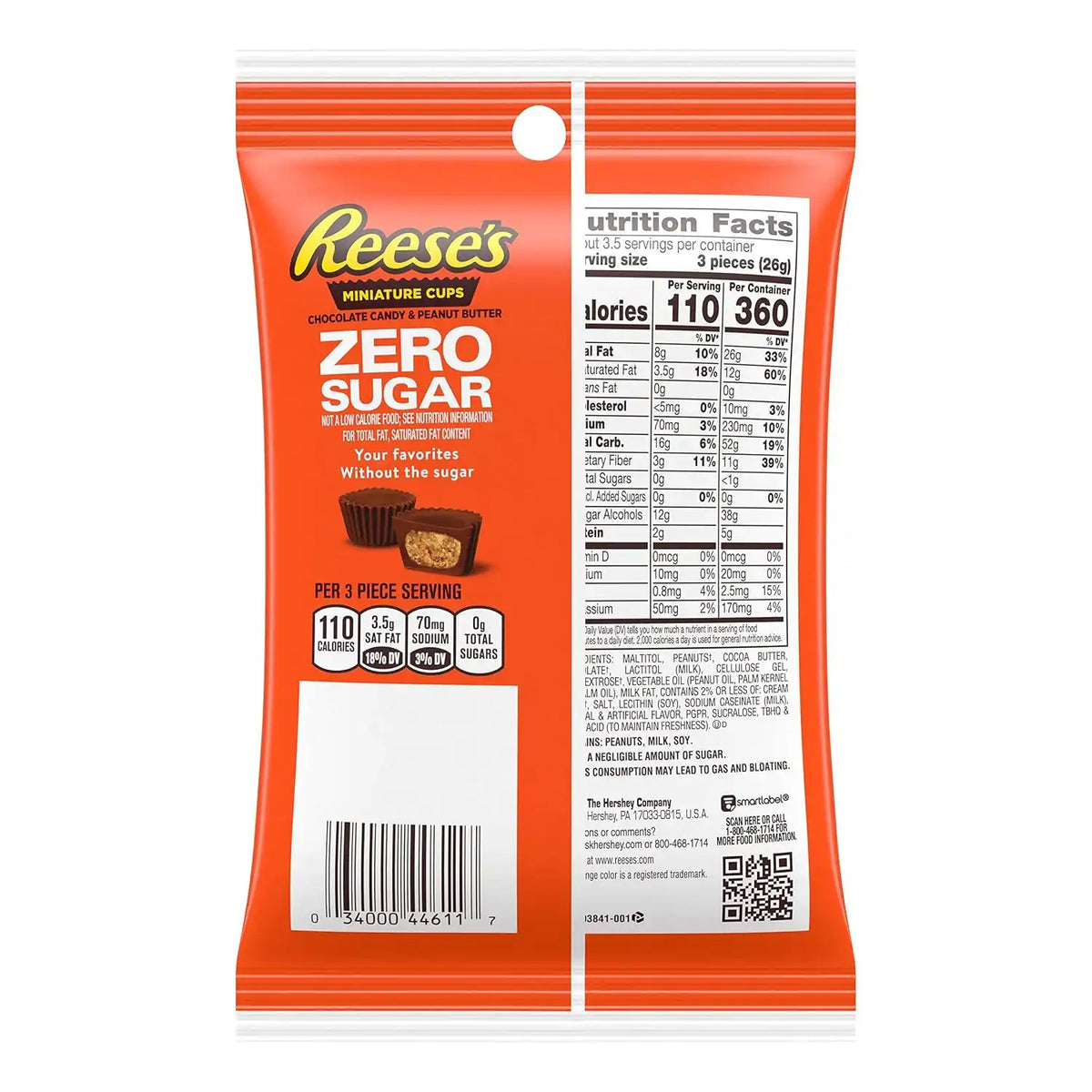 REESE'S Zero Sugar Miniatures Milk Chocolate Peanut Butter Cups Candy, Individually Wrapped, 3 oz Bag