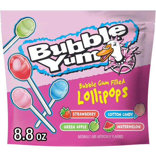 BUBBLE YUM Assorted Bubble Gum Filled Lollipops Bag, 8.8 oz
