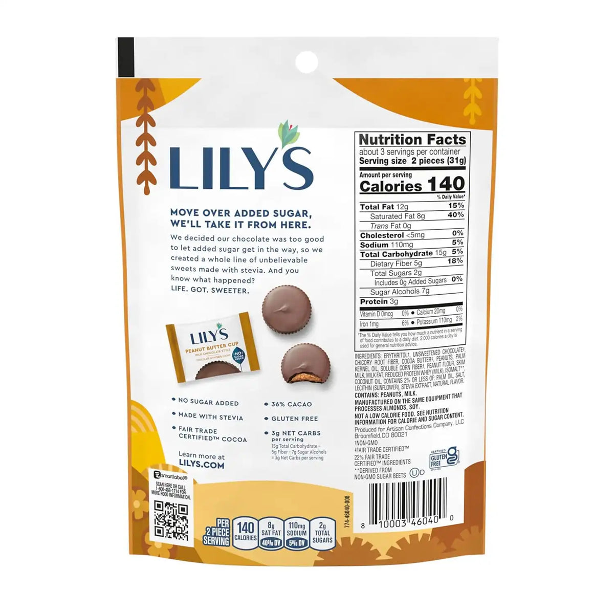 LILY'S Milk Chocolate Style Peanut Butter Cups No Sugar Added, Sweets Bag, 3.2 oz (Pack of 2)