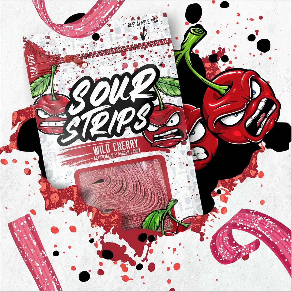 SOUR STRIPS Wild Cherry Flavored Chewy, Candy Bag, 3.4 oz